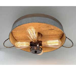 Modern Farmhouse Galvanized & Copper Tone Metal Flat Tub Ceiling Light Wood Accents - The Lamp Goods