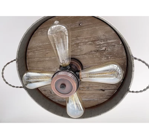 Modern Farmhouse Galvanized & Copper Tone Metal Flat Tub Ceiling Light Wood Accents - The Lamp Goods