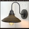 Rustic industrial wall sconce, dark brown metal shade, pre-order for May 2025 arrival.
