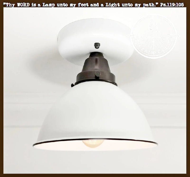 White enamel modern farmhouse ceiling light with bronze accents.
