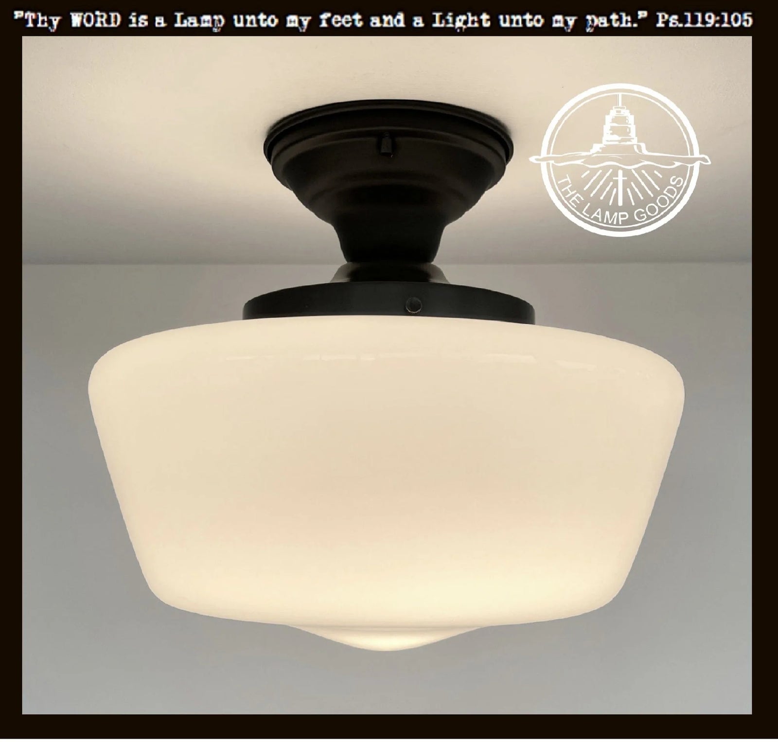 Large Schoolhouse Milk Glass LIGHT Fixture, Machias by The Lamp Goods:  Off-white glass shade, black metal base.
