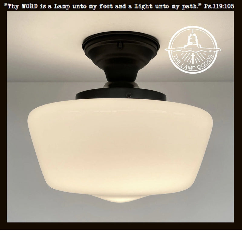 Large Schoolhouse Milk Glass LIGHT Fixture, Machias by The Lamp Goods:  Off-white glass shade, black metal base.
