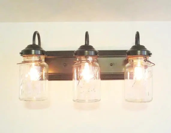 Rustic Mason Jar BATHROOM Light Vintage Quart Trio - The Lamp Goods