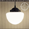 Milk glass pendant light, replica mushroom globe design, black socket.
