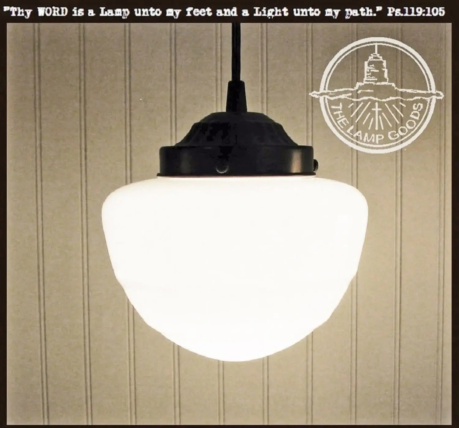 Milk glass pendant light, replica mushroom globe design, black socket.
