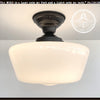 Large Urban Schoolhouse Milk Glass Ceiling Light Fixture with Black Metal Canopy
