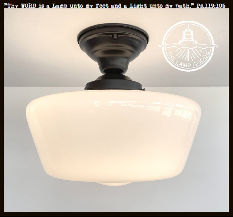 Large Urban Schoolhouse Milk Glass Ceiling Light Fixture with Black Metal Canopy
