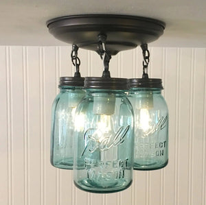 Vintage Blue Mason Jar Ceiling Lighting Fixture Trio - The Lamp Goods