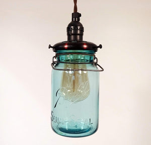 Vintage BLUE Mason Jar PENDANT Light with Exposed Socket The Lamp Goods