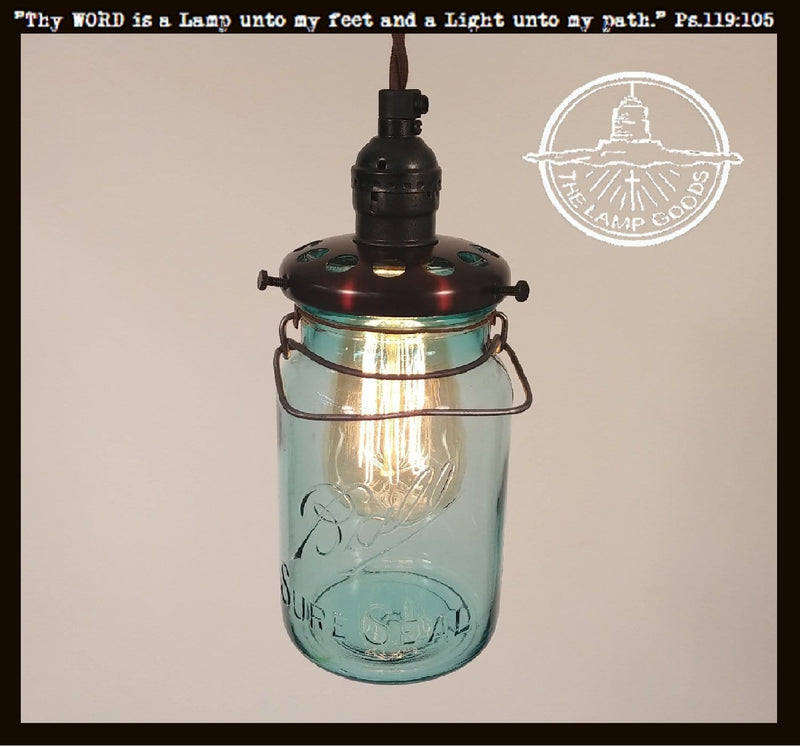 Vintage BLUE Mason Jar PENDANT Light with Exposed Socket The Lamp Goods