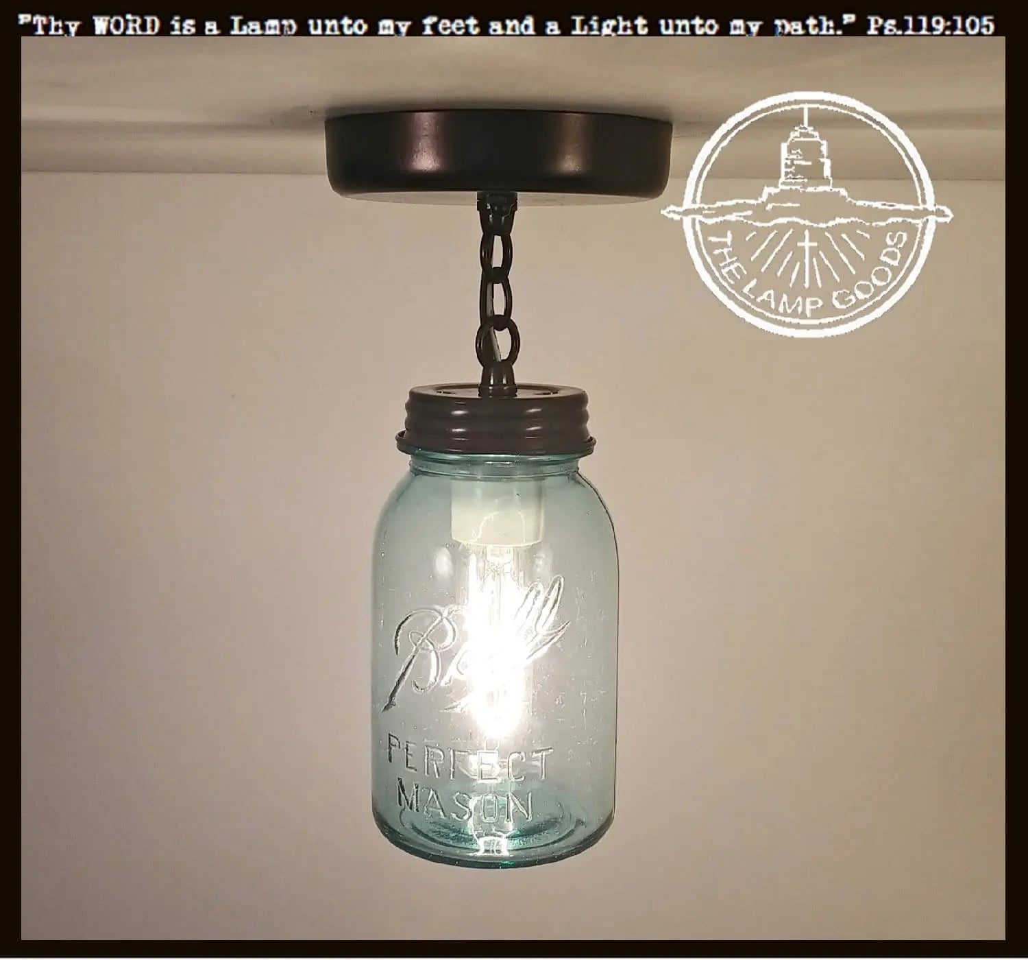 Blue vintage mason jar ceiling light with chain, The Lamp Goods.
