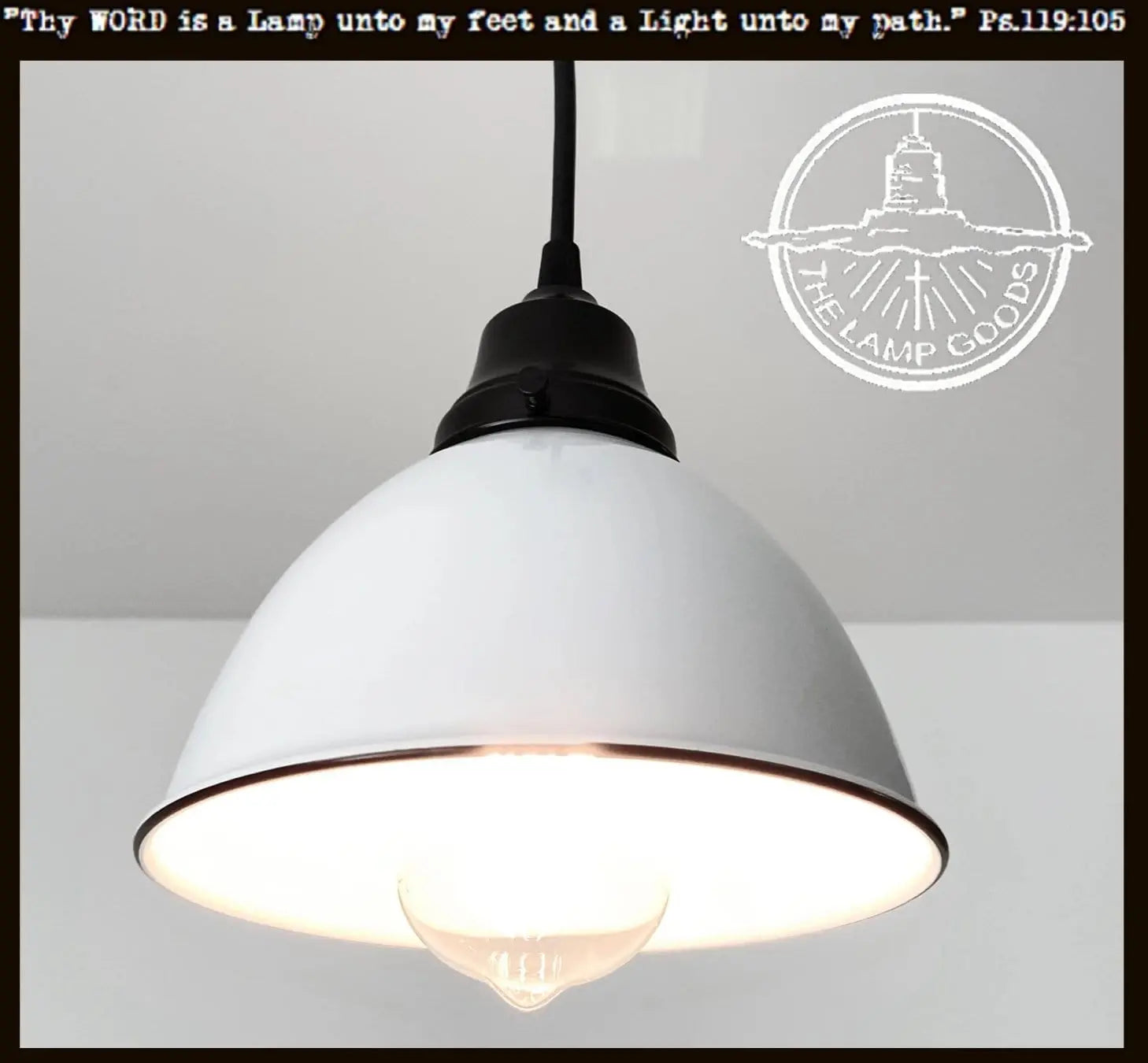 Modern Farmhouse white pendant light with black accents from The Lamp Goods.
