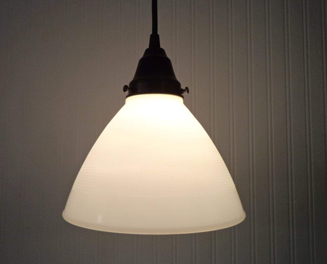 Milk glass petite waffle pendant light fixture with black metal shade
