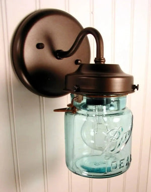 Mason Jar SCONCE Light Vintage BLUE Pint Jar - The Lamp Goods