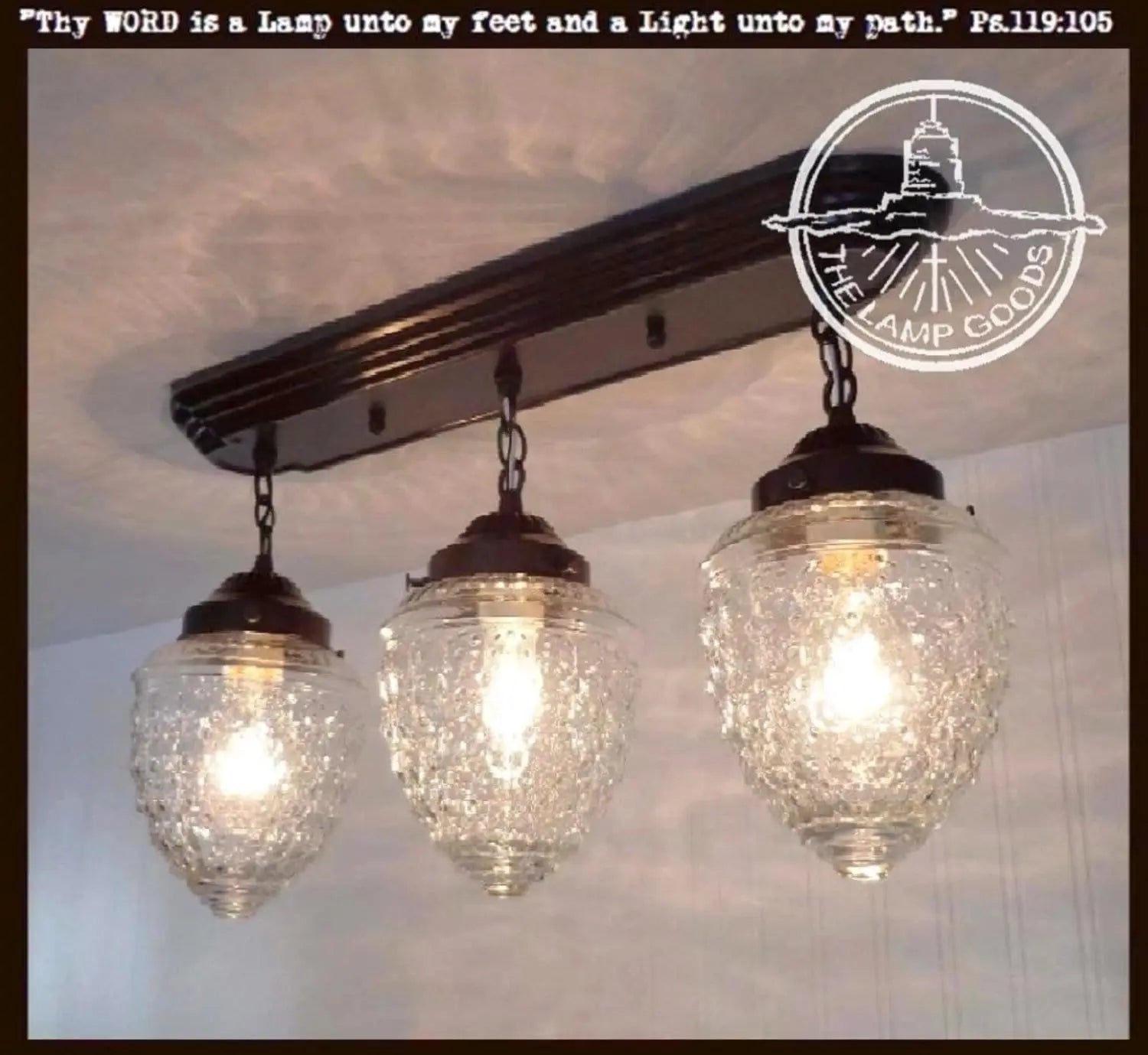 Antique glass ceiling light fixture, rectangular chain trio, featuring three textured glass shades.
