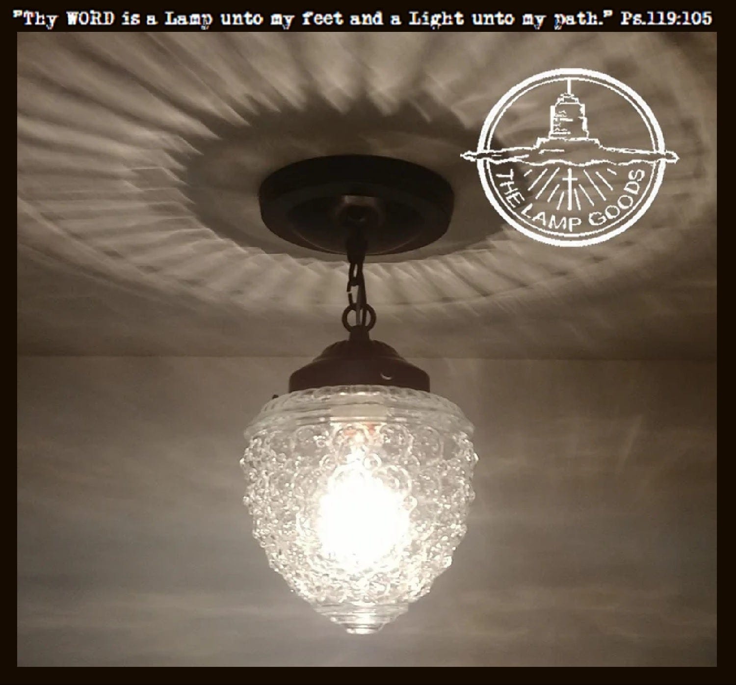 Vintage chain glass ceiling light; textured glass shade, dark bronze finish.
