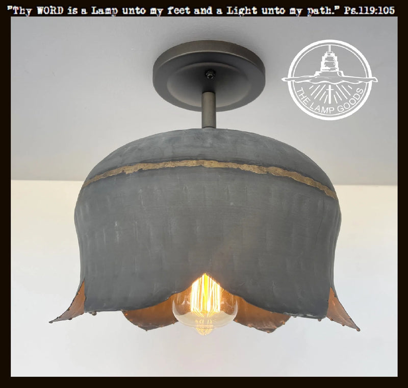 Large Lotus Galvanized Metal Ceiling Light fixture with gold accents from The Lamp Goods.
