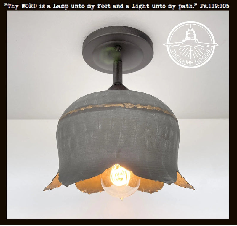Lotus Galvanized Ceiling Light: Gray metal shade with gold accents, farmhouse style.
