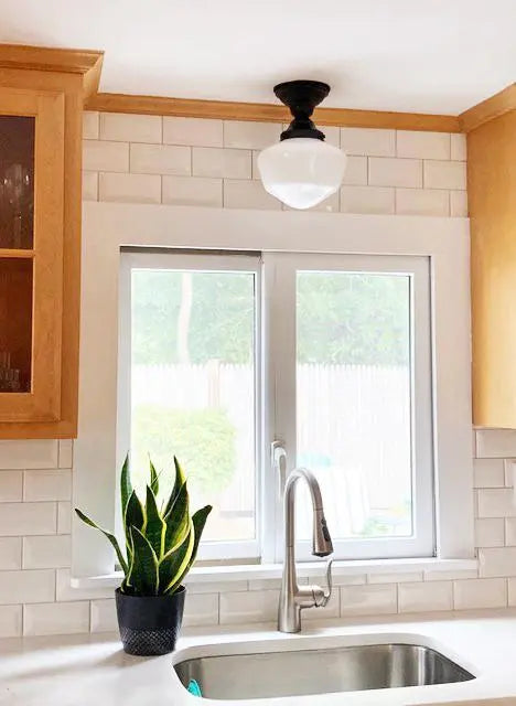 Classic Schoolhouse milk glass ceiling light fixture, black & white, kitchen lighting
