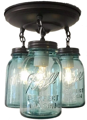 Vintage Blue Mason Jar Ceiling Lighting Fixture Trio - The Lamp Goods