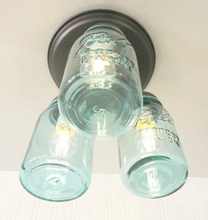 Vintage Blue Mason Jar Ceiling Lighting Fixture Trio - The Lamp Goods