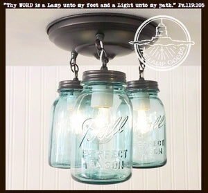 Vintage Blue Mason Jar Ceiling Lighting Fixture Trio - The Lamp Goods