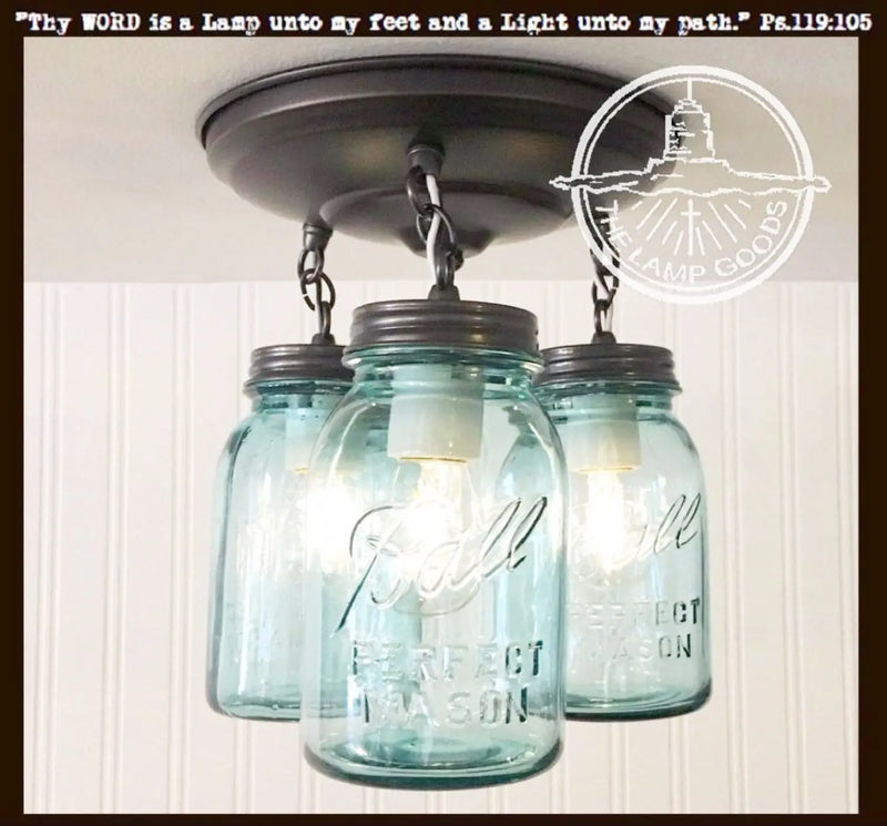 Vintage Blue Mason Jar Ceiling Lighting Fixture Trio - The Lamp Goods