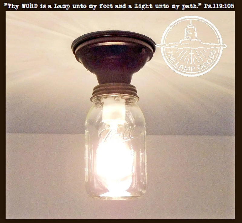 Mason jar ceiling light fixture from The Lamp Goods; rustic, vintage style.
