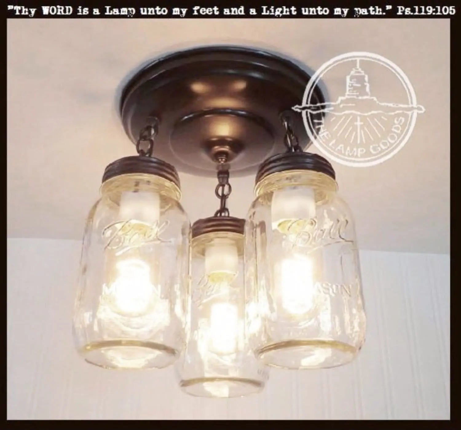 Mason jar quart chain trio light fixture, rustic farmhouse style
