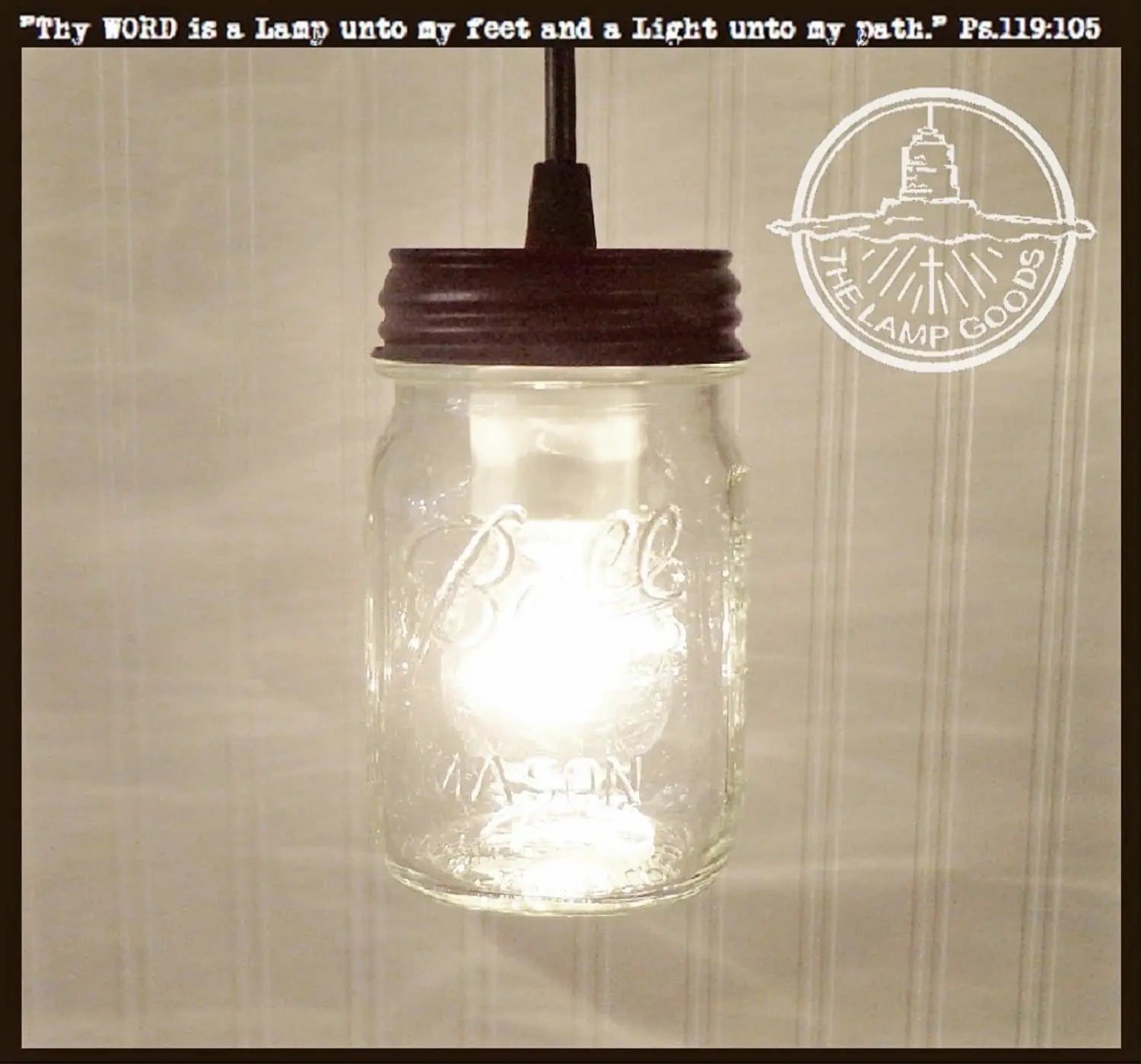 Mason jar pint pendant light with dark brown metal lid; The Lamp Goods.
