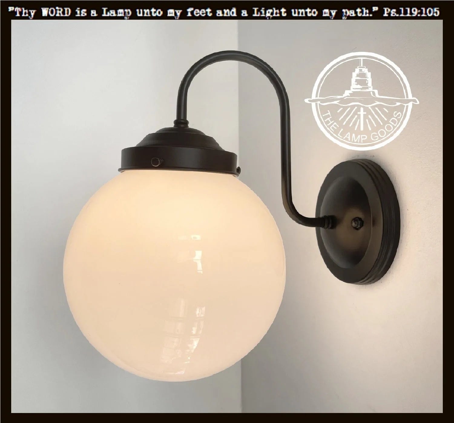 Large Milk Glass Globe Wall Sconce with black metal arm; The Lamp Goods

