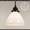 Milk glass banded waffle pendant light fixture with black metal canopy; The Lamp Goods.
