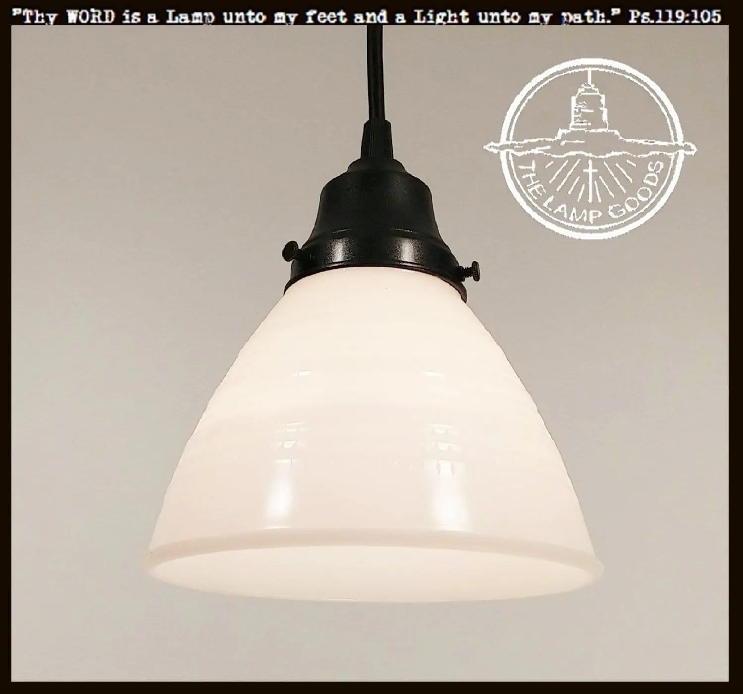 Milk glass banded waffle pendant light fixture with black metal canopy; The Lamp Goods.
