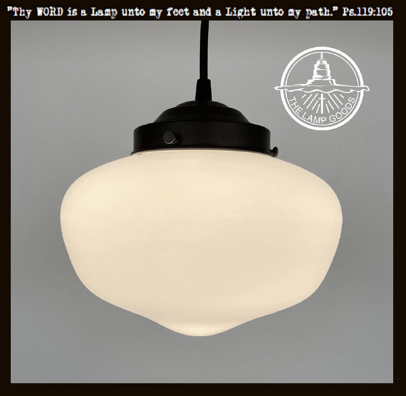 Modern Milk Glass Schoolhouse Pendant Light with black metal canopy
