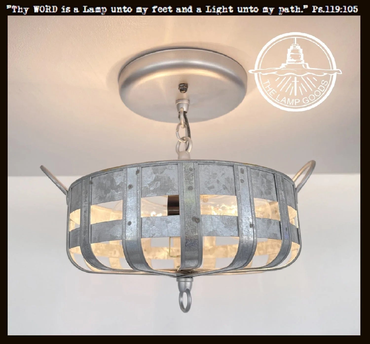 Petite Galvanized Strapped Metal Ceiling Light fixture; farmhouse style.
