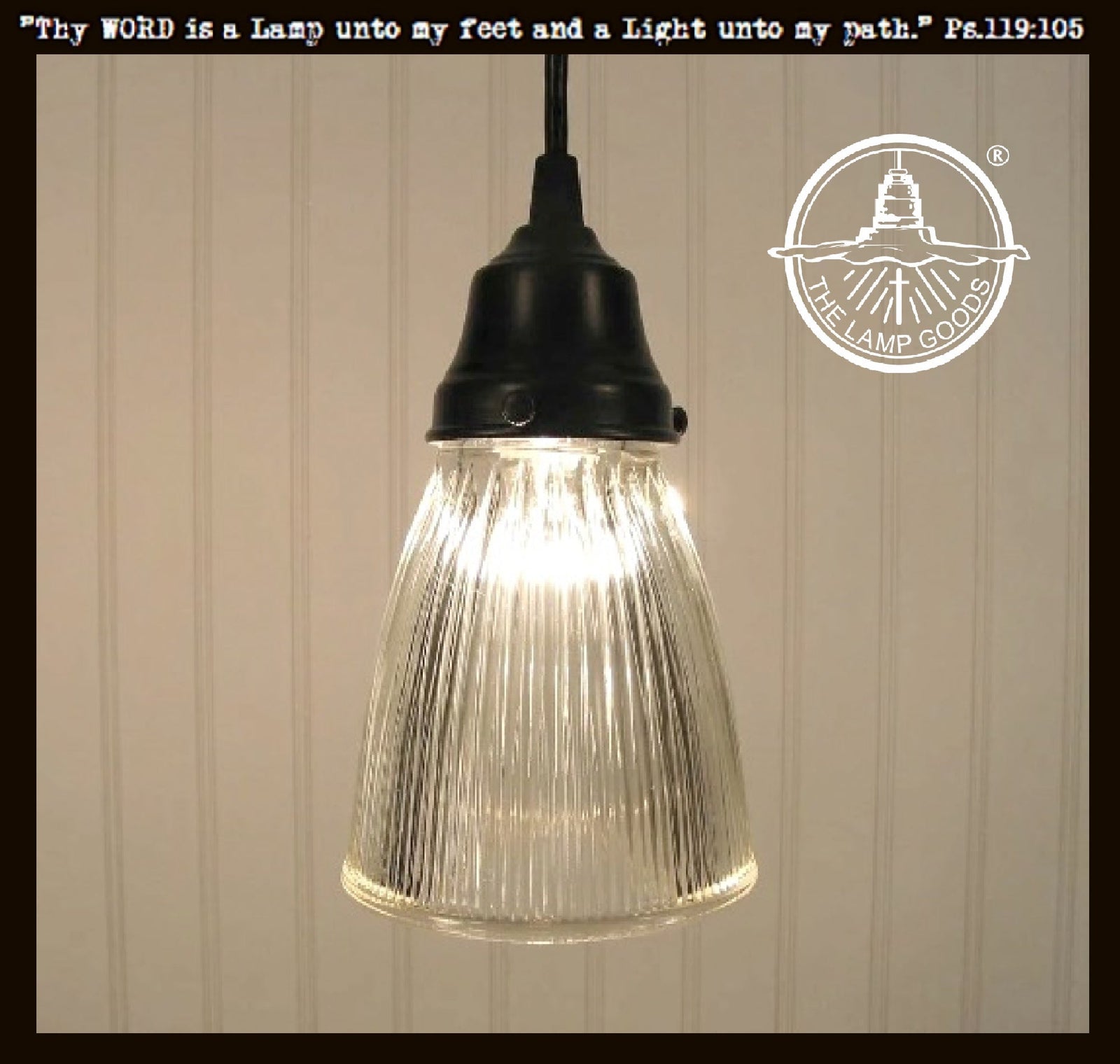 Minimalist antique glass pendant light with ribbed shade & black metal fixture from The Lamp Goods.
