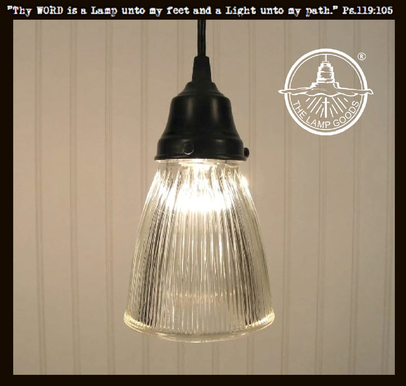 Minimalist antique glass pendant light with ribbed shade & black metal fixture from The Lamp Goods.
