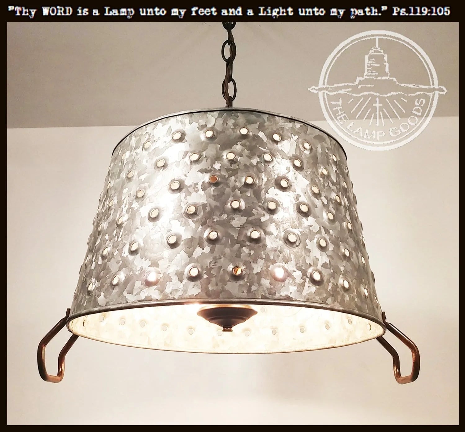 Galvanized metal farmhouse chandelier, pierced wash tub design, rustic lighting fixture

