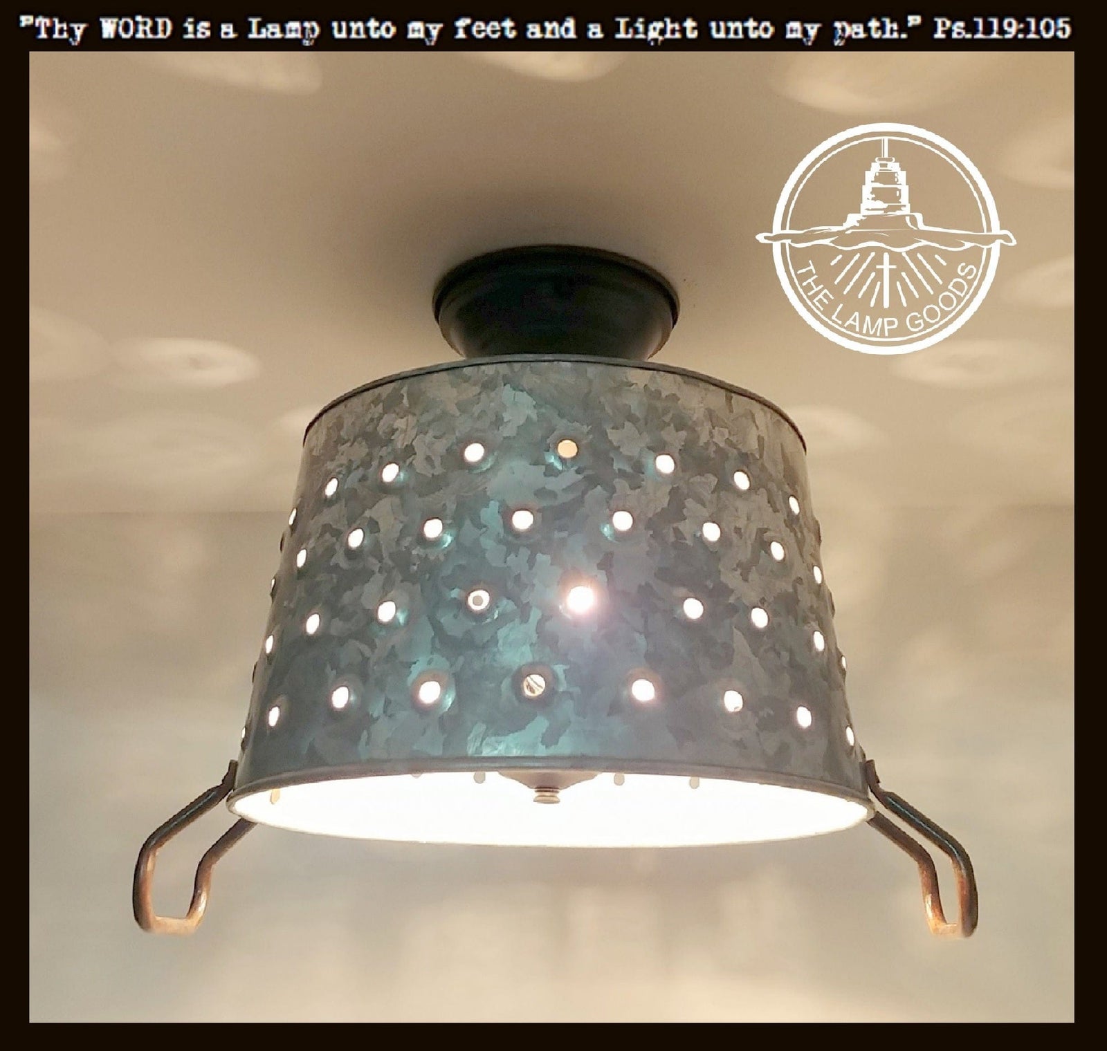 Pierced wash tub ceiling light fixture from The Lamp Goods; galvanized metal, rustic design.
