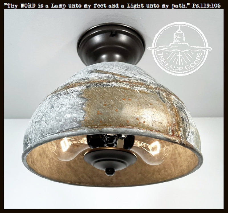 Rustic galvanized metal farmhouse ceiling light fixture, two-light, bronze finish.
