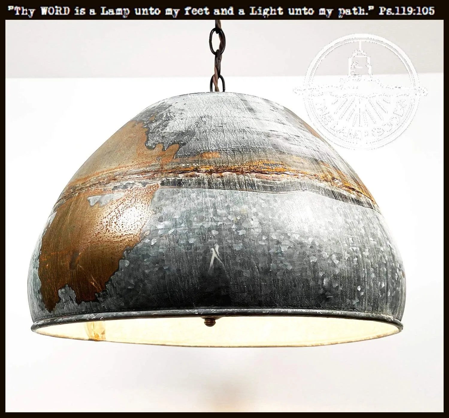 Rustic jumbo bucket chandelier with galvanized metal and aged bronze finish.
