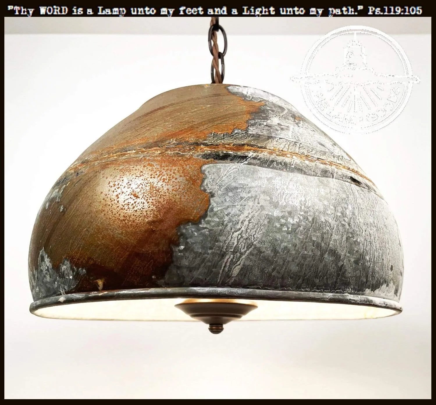 Rustic galvanized metal and copper bucket chandelier, large pendant light fixture for farmhouse style homes.
