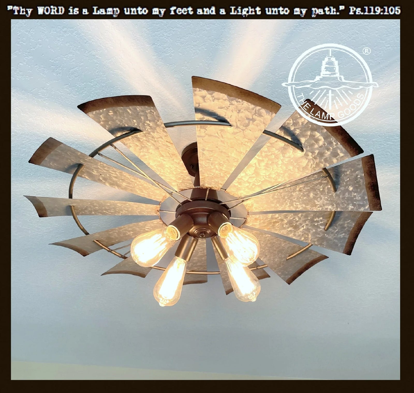 30" Farmhouse Windmill ceiling light fixture with four Edison bulbs; galvanized metal design.
